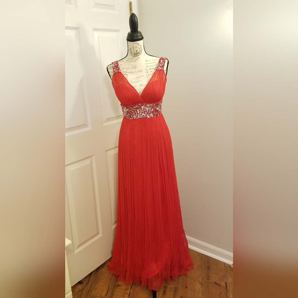 Red-orange sleeveless sequin prom/charity ball dress by Riva Designs